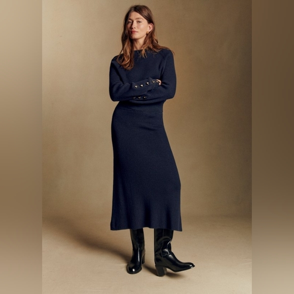 Sézane Naelle Navy Ribbed Knit Midi Skirt Size M - Picture 3 of 5